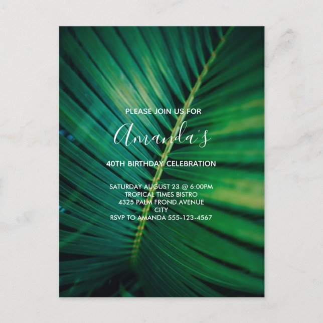 Green Leaf Palm Frond Closeup Photo Birthday Invitation Postcard (Front)
