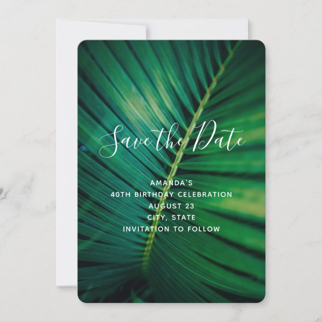 Green Leaf Palm Frond Closeup Photo Birthday Save The Date (Front)