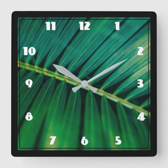 Green Leaf Palm Frond Closeup Photo Square Wall Clock (Front)