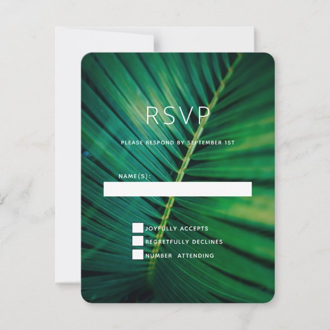Green Leaf Palm Frond Closeup Photo Wedding RSVP Card (Front)