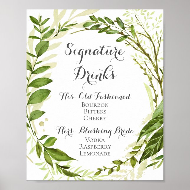Green Leaf Signature Drinks Cocktail Sign, Rustic Poster (Front)
