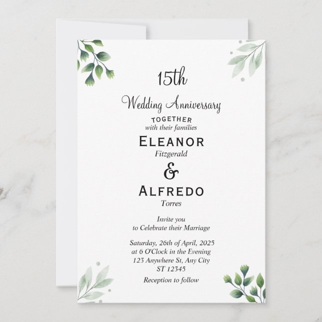 Green Leaf' Standard 15th Wedding Anniversary  Invitation (Front)