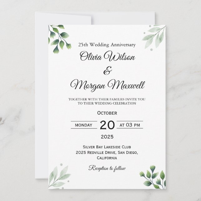 Green Leaf' Standard 25th Wedding Anniversary  Invitation (Front)
