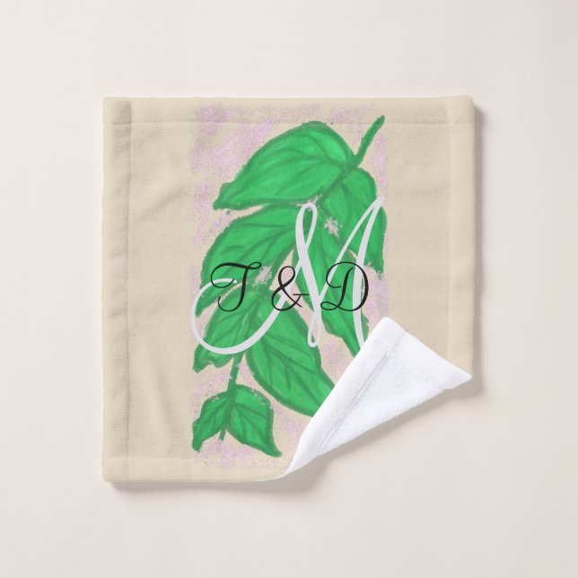 Green Leaf Watercolor Monogrammed Bath Towel Set (Wash Cloth)