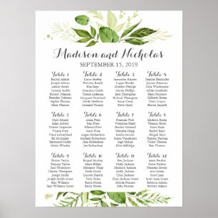 Green Leaf Wedding Seating Chart, Rustic Greenery Poster
