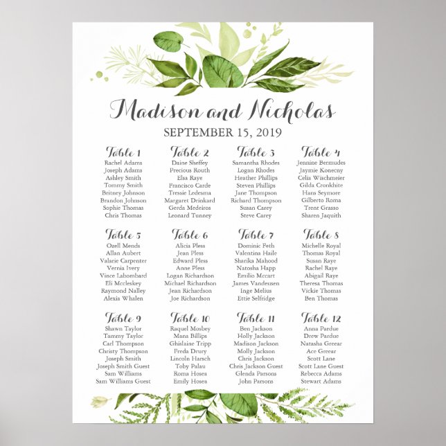 Green Leaf Wedding Seating Chart, Rustic Greenery Poster (Front)