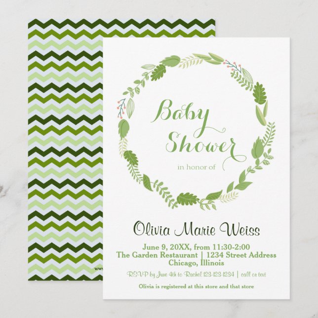 Green Leaf Wreath Chevron - Baby Shower Invitation (Front/Back)