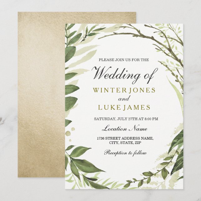 Green Leaf Wreath f Gold Foil Wedding Invite (Front/Back)