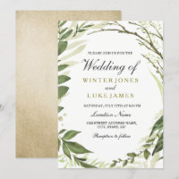 Green Leaf Wreath f Gold Foil Wedding Invite
