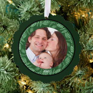 GREEN Leaf Wreath Family Photo Custom Ornament Card