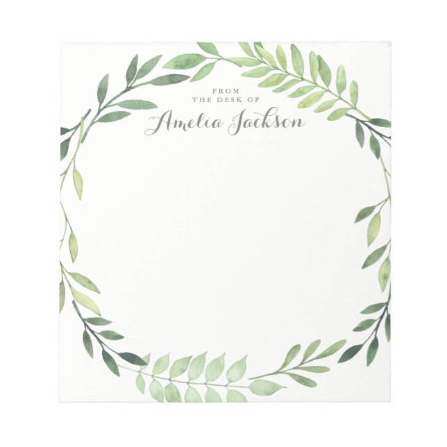 Green Leaf Wreath Personalized Stationery Notepad (Front)