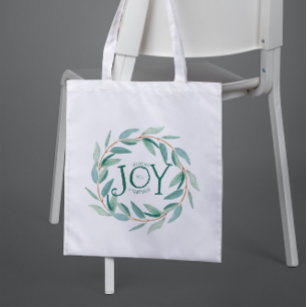 Green Leafs Christmas Wreath Text Joy Template Tote Bag
