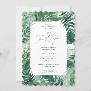 Green Leafy Elegant Botanical Frame Baptism Photo Invitation