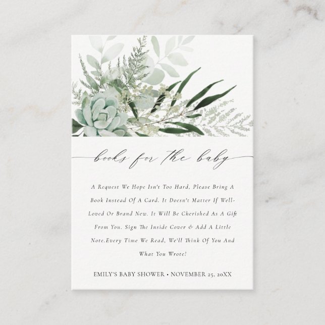 Green Leafy Fern Succulent Books For Baby Shower Enclosure Card (Front)