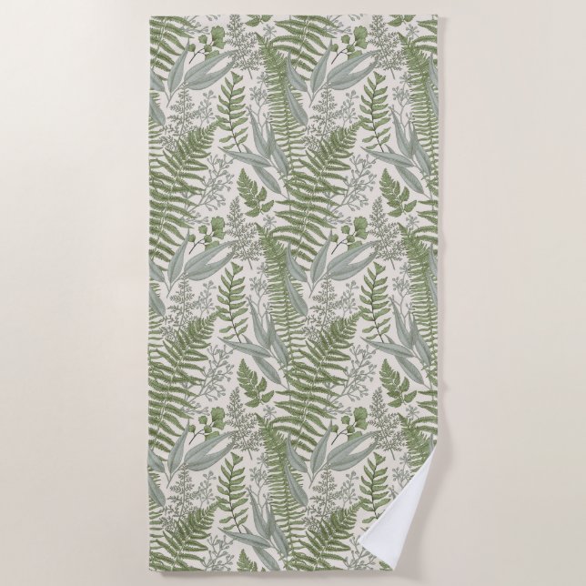 Green Leafy Garden Floral Pattern Beach Towel (Front)