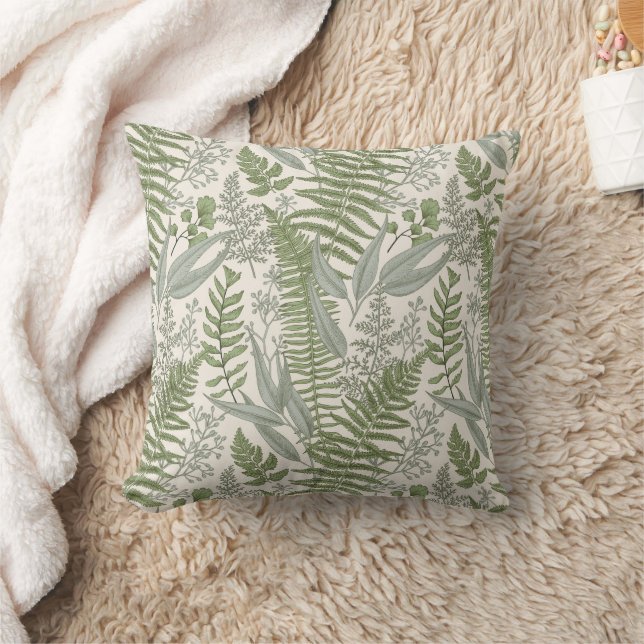 Green Leafy Garden Floral Pattern Throw Pillow (Blanket)