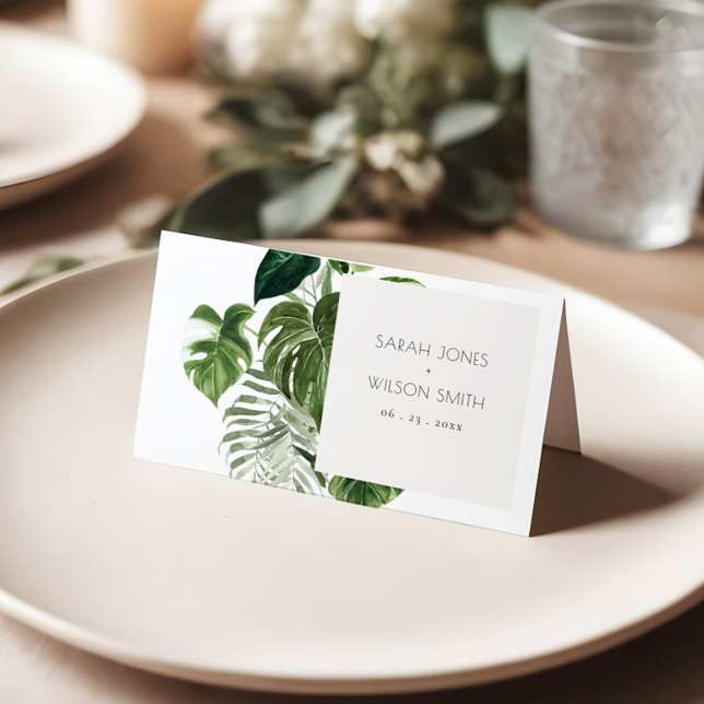 Green Leafy Palm Tropical Foliage Wedding Place Card (Creator Uploaded)