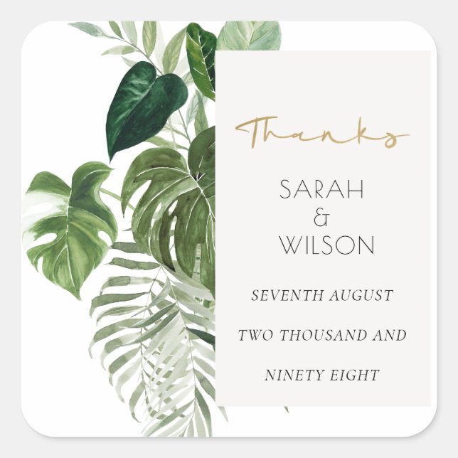 Green Leafy Palm Tropical Foliage Wedding Thanks Square Sticker (Front)