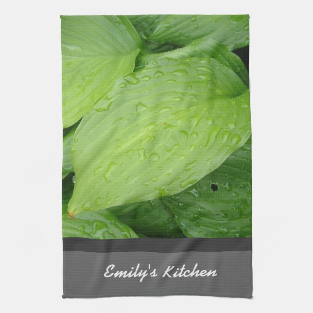 green leafy plant with rain drops kitchen towel (Vertical)