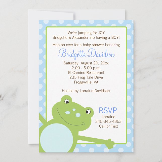 Green Leap Frog Shower Invitation (Blue) 2-sided (Front)