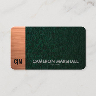 Green Leather and Copper Monogram with White Back Business Card