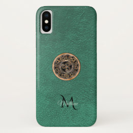 Green Leather Bronze Celtic Triskele Knot Monogram iPhone X Case