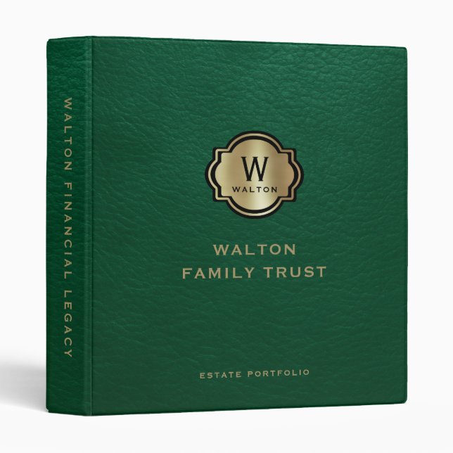 Green Leather Gold Monogram Family Trust Keepsake Binder (Front/Spine)