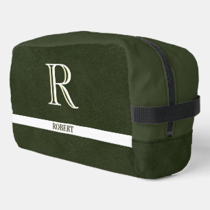 Green Leather Texture Trim White Monogram Name   Dopp Kit