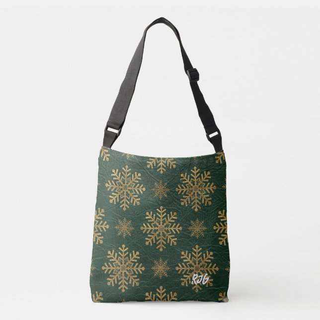 Green Leather Tooled with Gold Snowflakes Initials Crossbody Bag (Front)
