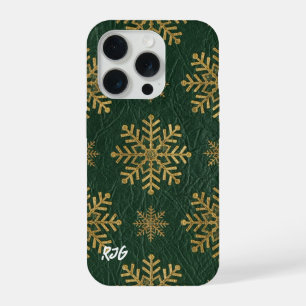 Green Leather Tooled with Gold Snowflakes Initials iPhone 15 Pro Case