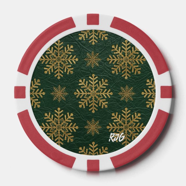 Green Leather Tooled with Gold Snowflakes Initials Poker Chips (Front)