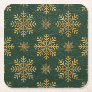 Green Leather Tooled with Gold Snowflakes Square Paper Coaster