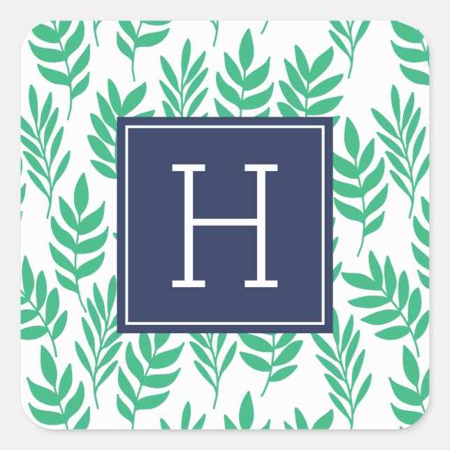 Green Leaves and Blue Monogram Square Sticker (Front)