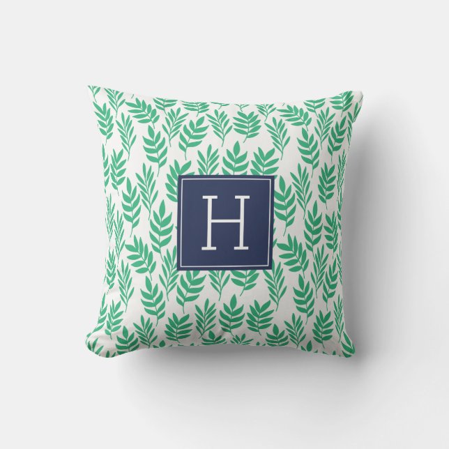 Green Leaves and Blue Monogram Throw Pillow (Front)