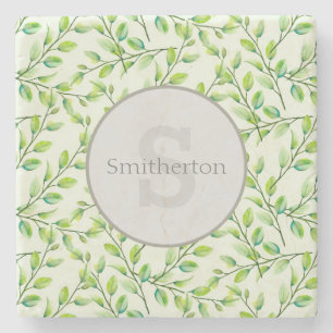 Green Leaves and Branches Monogram Stone Coaster