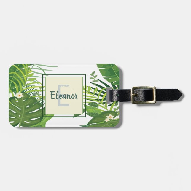 Green leaves and flowers tropical monogram luggage tag (Front Horizontal)