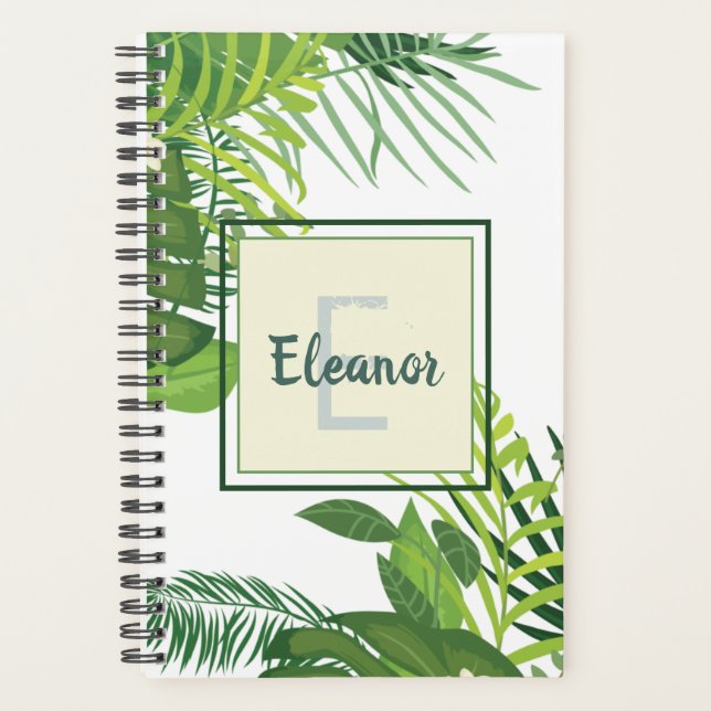 Green leaves and flowers tropical monogram planner (Front)
