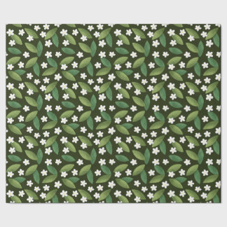 Green Leaves and White Flowers on Green Background Wrapping Paper