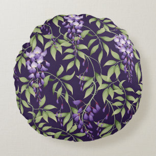  Green Leaves and Wisteria Floral Pattern Round Pillow