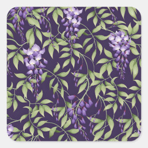  Green Leaves and Wisteria Floral Pattern Square Sticker