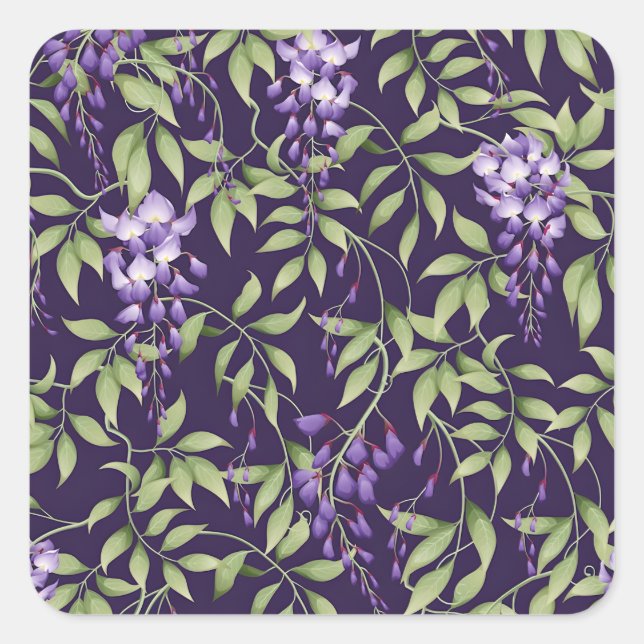  Green Leaves and Wisteria Floral Pattern Square Sticker (Front)