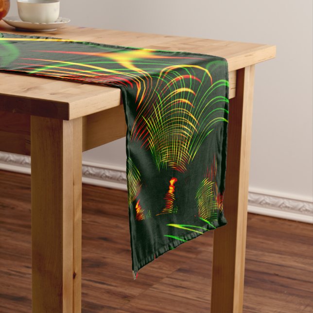 Green leaves and yellow fire-coloured curves short table runner (In Situ)