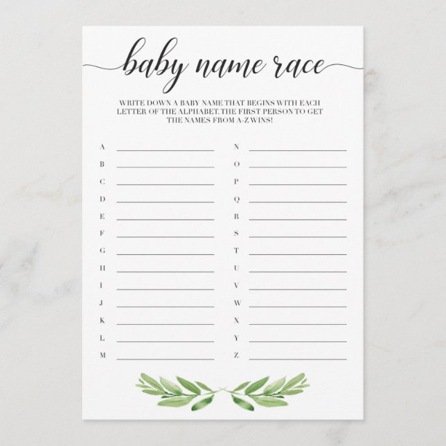 Green Leaves Baby Shower Baby Name Race Game (Front)
