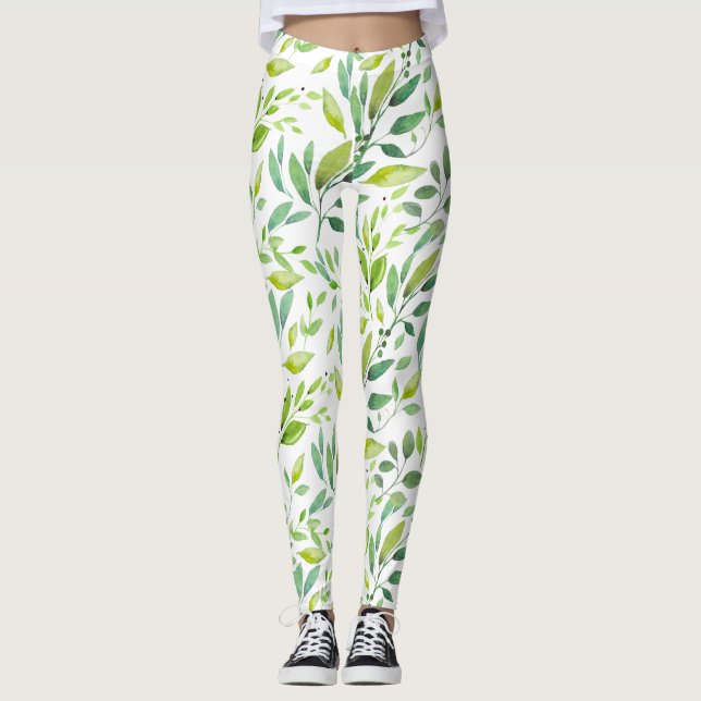 Green Leaves & Berries Watercolor  Leggings (Front)