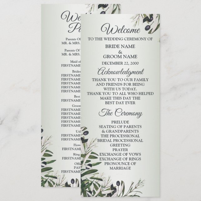 Green Leaves Black Olive Elegant Wedding  Program (Front/Back)