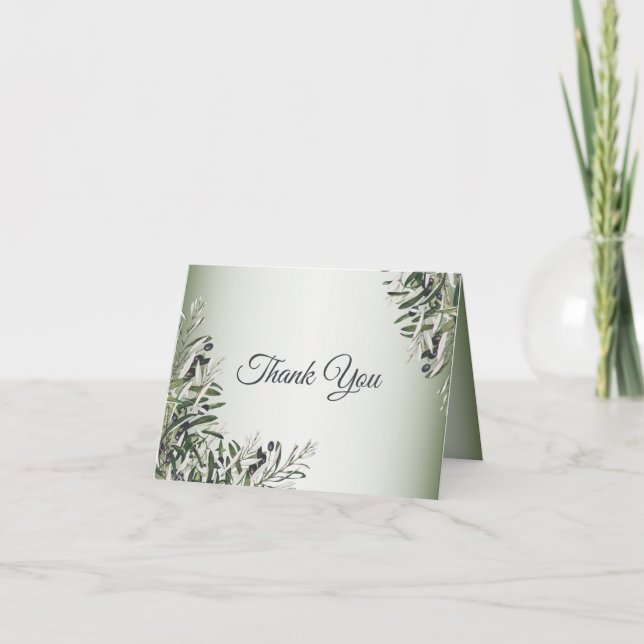 Green Leaves Black Olive Elegant Wedding Thank You Card (Front)