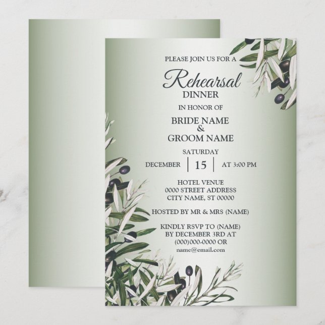 Green Leaves Black Olive Rehearsal Dinner Party Invitation (Front/Back)