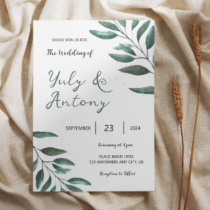 Green leaves Botanical Minimalistic Modern Wedding Invitation