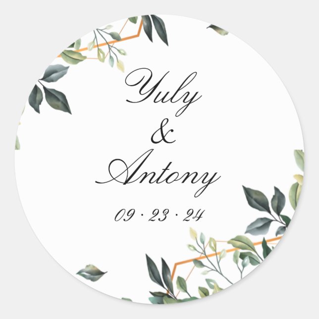 Green Leaves, Botanical Modern Wedding Classic Round Sticker (Front)