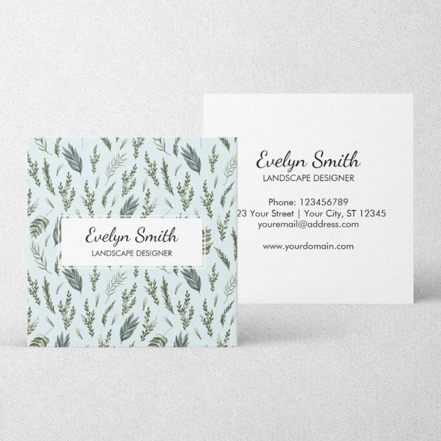 Green Leaves Botanical Pattern Square Business Card (Front and Back Side)